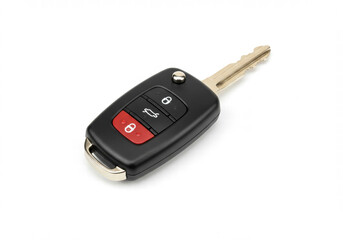 Modern car key with remote control isolated on white background, top view flat lay