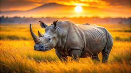 Obraz premium Serengeti White Rhino Bull Alert, Bokeh Wildlife Photography, African Safari Animal, Grassland Portrait