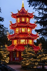 Obraz premium The pagoda is dressed in rich red decorations, with golden lights adding a warm glow to the scene