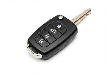 Modern car key with remote control isolated on white background, top view flat lay