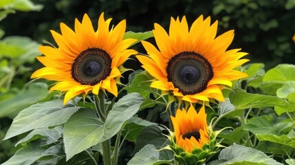 Obraz premium Bright sunflowers blooming amidst lush green foliage.
