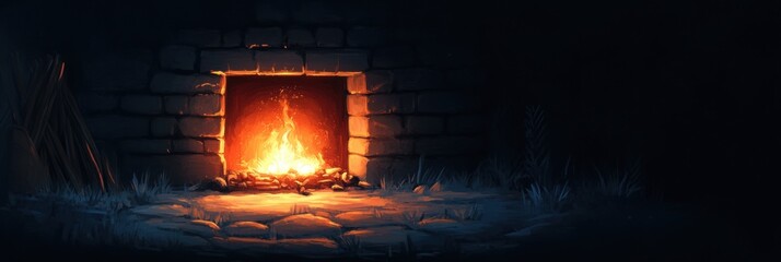 Fototapeta premium Enchanting Fireplace Cozy Brick Hearth Burning Fire Night Scene Rustic Stone