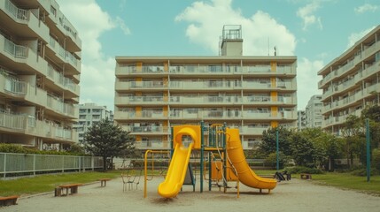 Japanese urban playground surrounded by apartment buildings with slides and swings.
