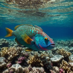 Fototapeta premium A colorful parrotfish swimming among coral in crystal-clear water.