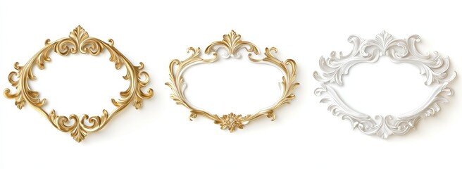 Three ornate oval frames in gold, gold-like, and white.