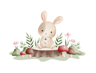 Watercolor Illustration Rabbit and Nature Elements