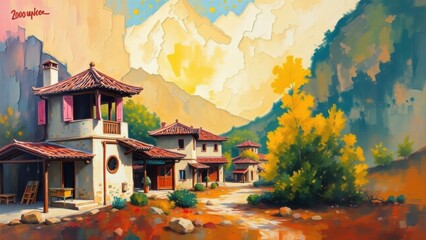 Fototapeta premium Ancient house painting of mountains and trees