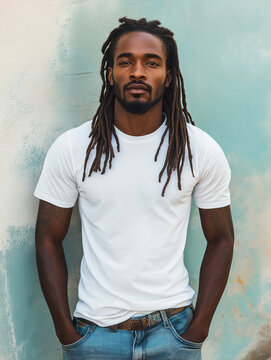 A handsome Black man with long dreadlocks standing in front of a wall, wearing a white T-shirt and jeans. This is a headshot photograph.
