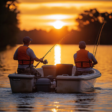 Two men fishing from the back of an open bass boat on a lake, wearing baseball caps and orange life jackets, holding faded fishing rods with two coolers between them. Sunset lighti