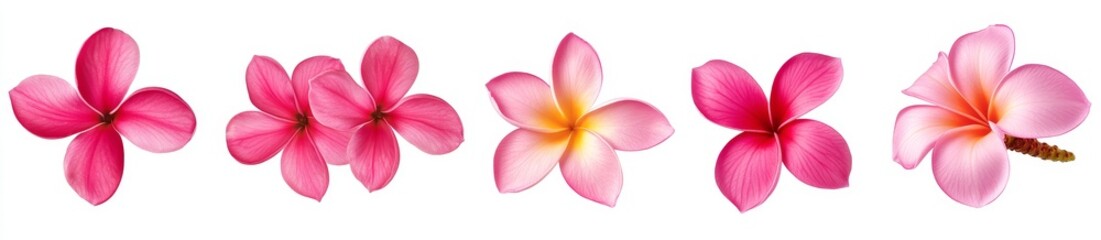 Five pink plumeria flowers isolated on white background.
