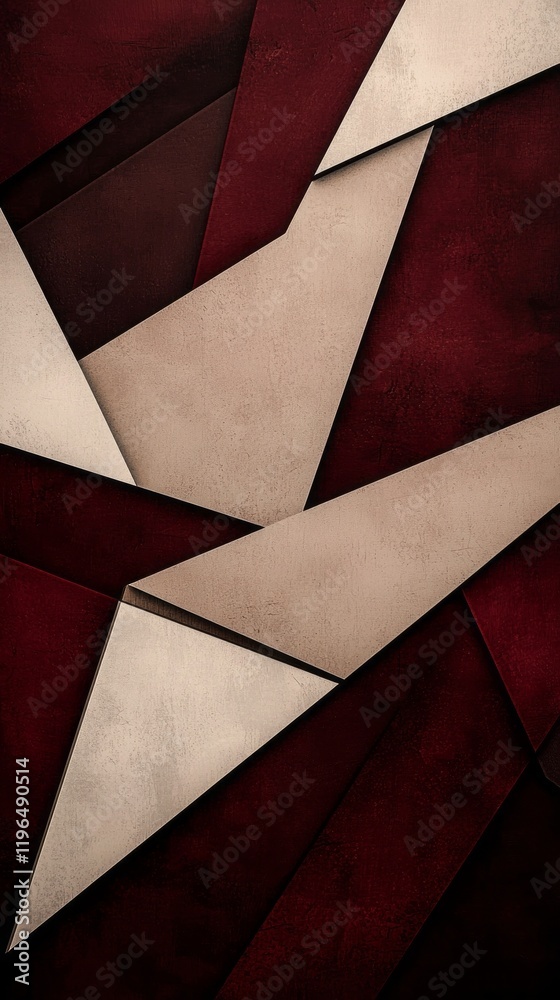 Poster layered geometric blocks in rich burgundy and soft neutral shades create a dynamic and captivating c