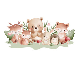 Watercolor Illustration Woodland Animals and Nature Elements