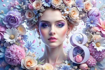 Naklejka premium International Women's Day. Banner, flyer. A spring portrait of a beautiful woman in delicate blue and pink flowers and the number 8.