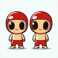 Fototapeta premium Adorable Cartoon Boxer Twins: Cute Red Helmet, Happy Smiling Faces, Ready to Fight. Perfect for Kids' Sports, Fitness, and Fun Designs