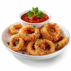 A plate of crispy calamari rings with marinara dipping sauce, isolated white background, cubist art style