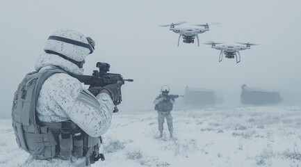 Fototapeta premium A photograph of soldiers in white camouflage, wearing body armor and helmets, standing on a snowy field and shooting at three drones flying overhead. In the background, there is a