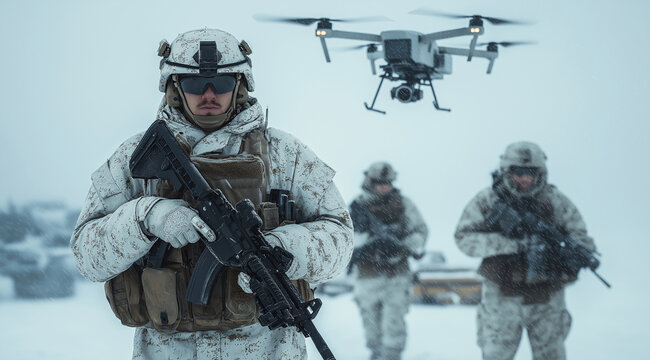 Dramatic photo of soldiers standing in the snow, holding weapons and wearing body armor with white tactical gear. Two drones are flying over their heads, and small equipment pall
