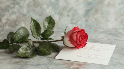Romantic gesture of a red rose and love letter cozy indoor setting still life soft focus symbolism of affection