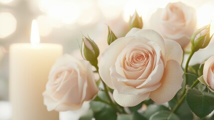 Romantic candlelight dinner with roses intimate setting floral arrangement soft glow cozy atmosphere