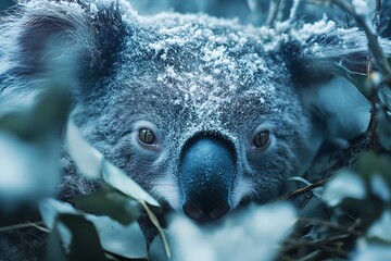 Obraz premium Snowy Koala in Eucalyptus Bush: A Winter Wonderland