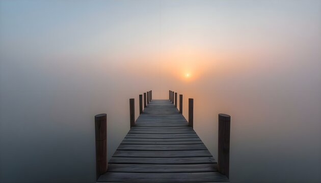 a wooden dock in the middle of a foggy day