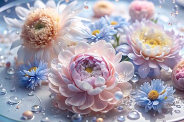 Banner, flyer. Beautiful, airy, delicate floral background in blue and pink tones. Peony flowers, chrysanthemums, daisies with drops of water on their petals.
