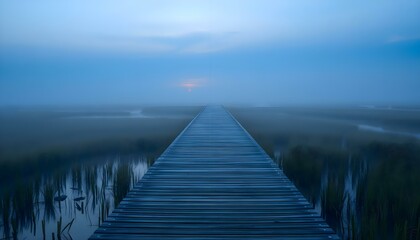 Fototapeta premium a long wooden pier extending into a marsh at dusk
