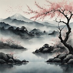 Create a serene Japanese landscape background in the traditional sumi-e painting style. 