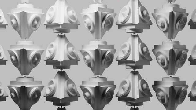 Loopable 3d background with geometry. Pyramids, extrudes and rotated shapes in monochrome gamma.
