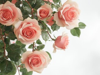 Fototapeta premium Delicate pink roses intertwined with vines indoor floral arrangement soft background romantic concept