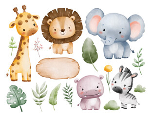 Watercolor Illustration Set of Safari Animals and Nature Elements