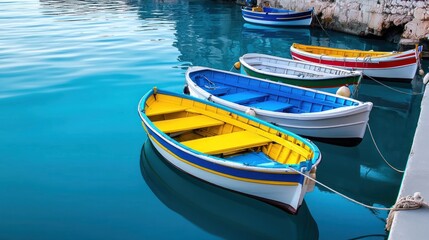 Obraz premium Colorful boats moored in tranquil blue water.