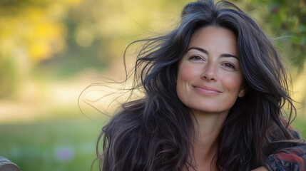 Fototapeta premium Natural beauty confident woman brunette outdoor wellness vibe smiling lifestyle self love empowerment organic hair care skincare brand campaign sunny meadow relaxed feminine copy space banner ad