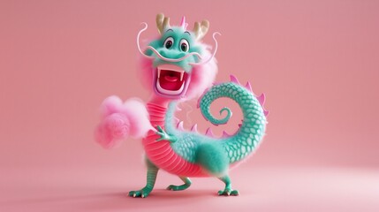 chinese new year, gong xi fa cai, chinese holiday ceremonial, Adorable Pink and Green Cartoon Dragon on Pink Background 