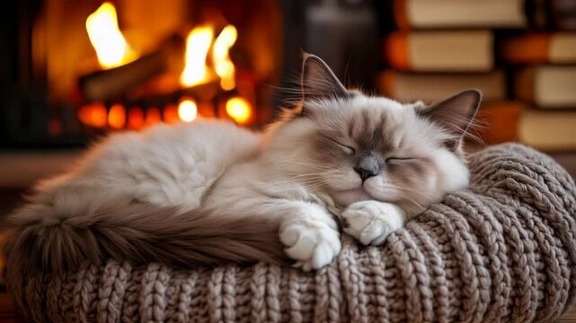 Cute ragdoll cat sleeping near fireplace on knitted blanket in winter time