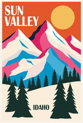 Sun Valley, Idaho, USA Ski Travel Poster in retro style. Snowy mountains landscape digital print. Winter holidays, active lifestyle. Vintage vector colorful illustration.