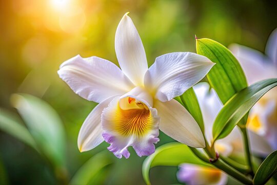 Tilt-Shift Macro Photography: Elegant White Sobralia Orchid with Purple Petals & Yellow Center - Close-up