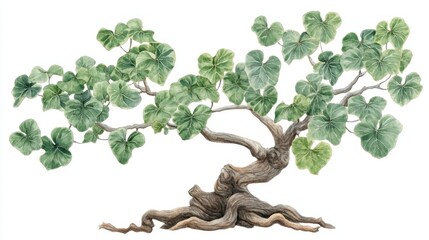 Fototapeta premium Watercolor painting of a bonsai tree with gnarled roots and lush green leaves, isolated on white.