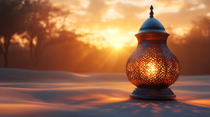 Ornate lantern glowing in a serene desert sunset.