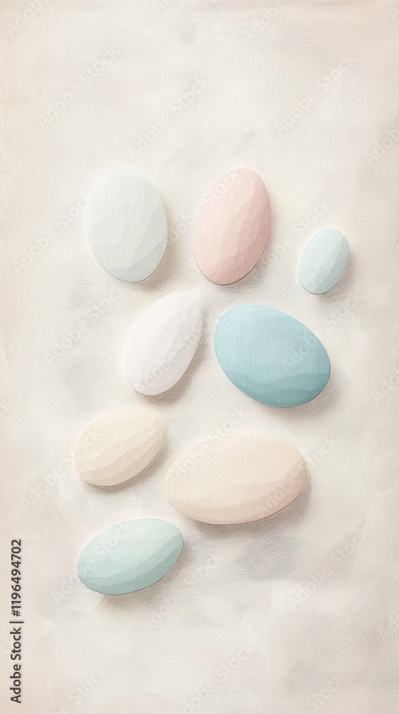 Poster a collection of minimalist ovals in soft pastel hues rests gently on a light, textured surface. this
