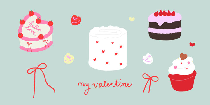 Valentine's Day Cakes Ribbons and Candies Vector Illustration