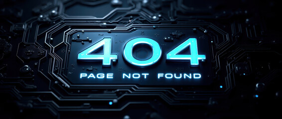Futuristic 404 page not found error design with digital circuitry background