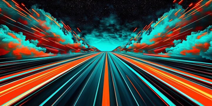 Futuristic neon highway embodies dynamic motion. Vibrant road showcases speed, digital technology in a futuristic highway. Neon glow enhances dynamic background for sci design.