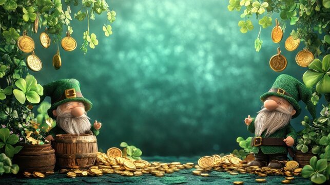 St. Patrick's Day digital background, with gold coins and a pot of gold, surrounded by leprechauns and clover leaves hanging on the sides. Digital art, featuring cute gnomes.