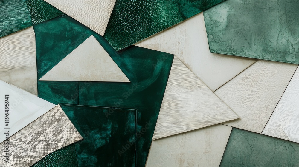 Poster Vibrant geometric patterns intertwine in shades of green and cream, forming a dynamic display of shapes and textures. This artistic composition captures the eye with its modern flair
