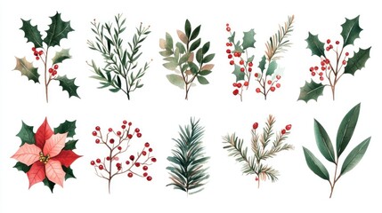 Watercolor Christmas floral elements holly, poinsettia, berries, greenery.