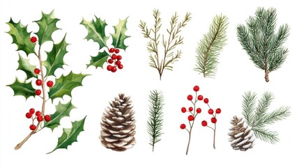 Watercolor Christmas floral elements holly, pine, berries, cones.