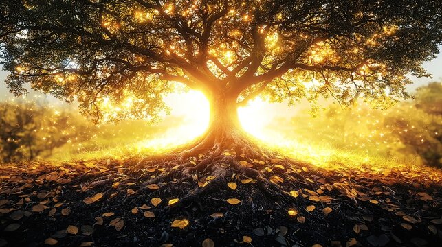 Majestic oak tree at sunset, glowing with light, roots exposed, autumn leaves scattered.