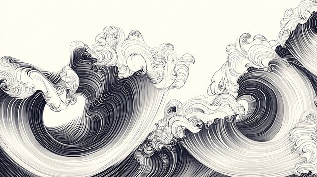 Monochrome wave patterns with intricate details and symmetrical flow, arranged on a seamless white background. 