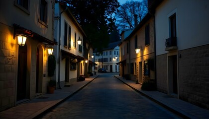 Fototapeta premium a cobblestone street at night with lights on